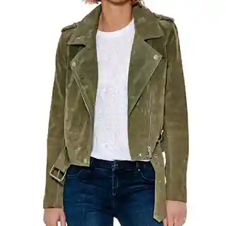 Elizabeth Lail You Guinevere Beck Green Suede Leather Biker Jacket